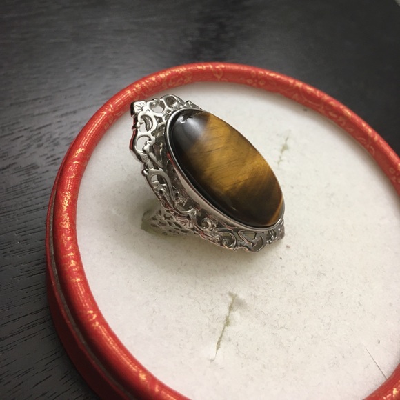Natural African Tiger's Eye Solitaire Ring in Platinum Over Copper size 8 - Picture 11 of 16